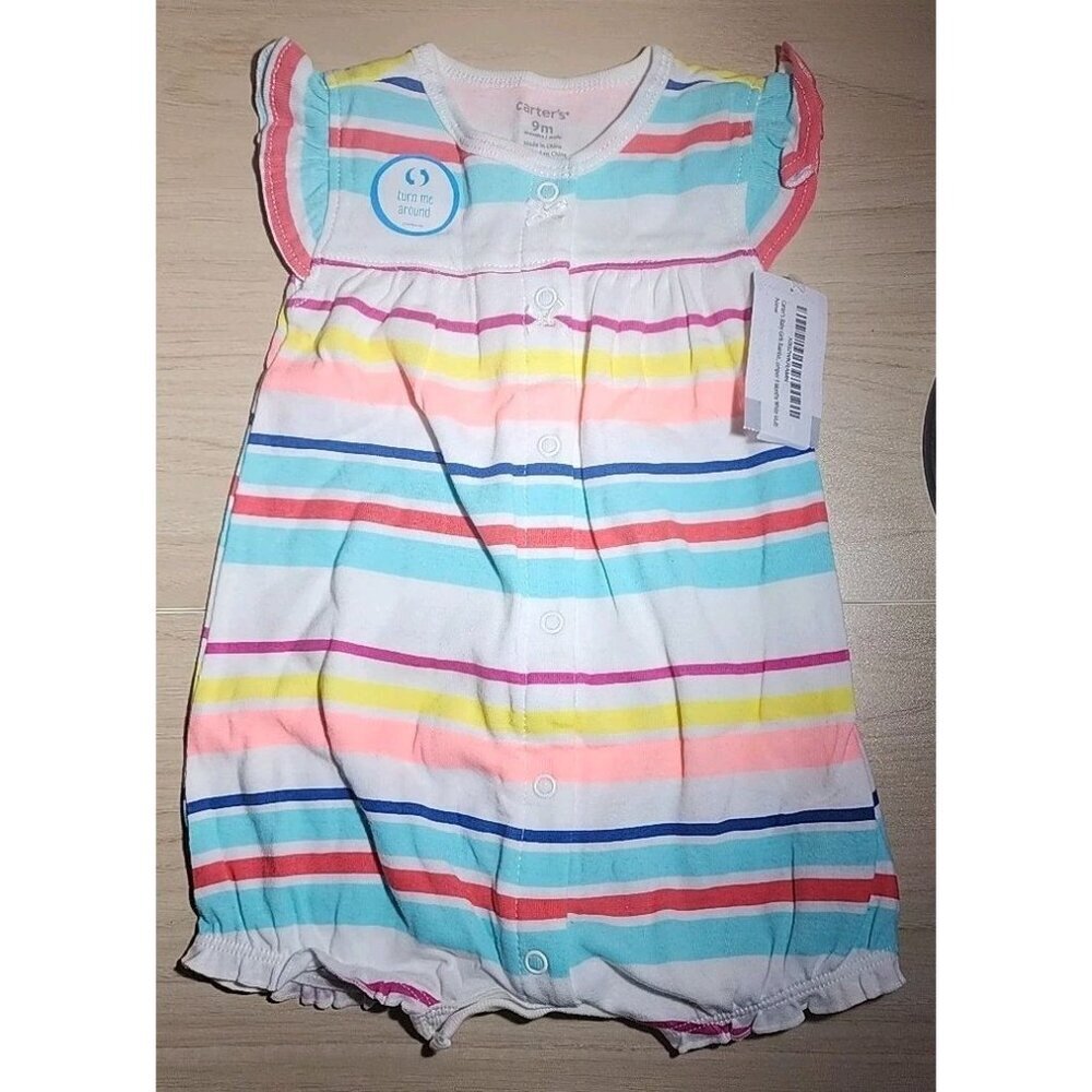 Carter's Baby Girl Sleeveless Romper 9M Stripes Multi Color Heart On Backside